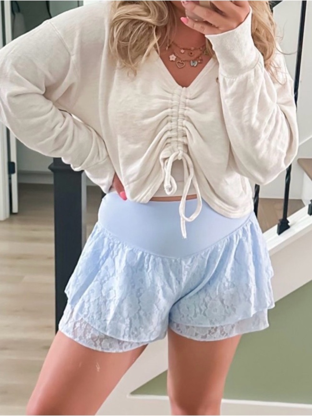 aerie Cream Ruched V-Neck Cropped Long Sleeve Top